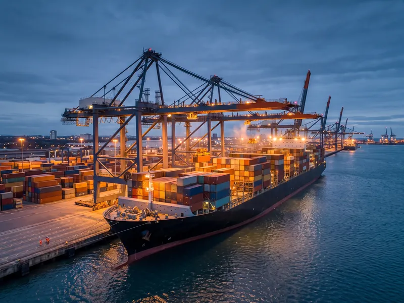Container ship loaded with freight leaving a Chinese port